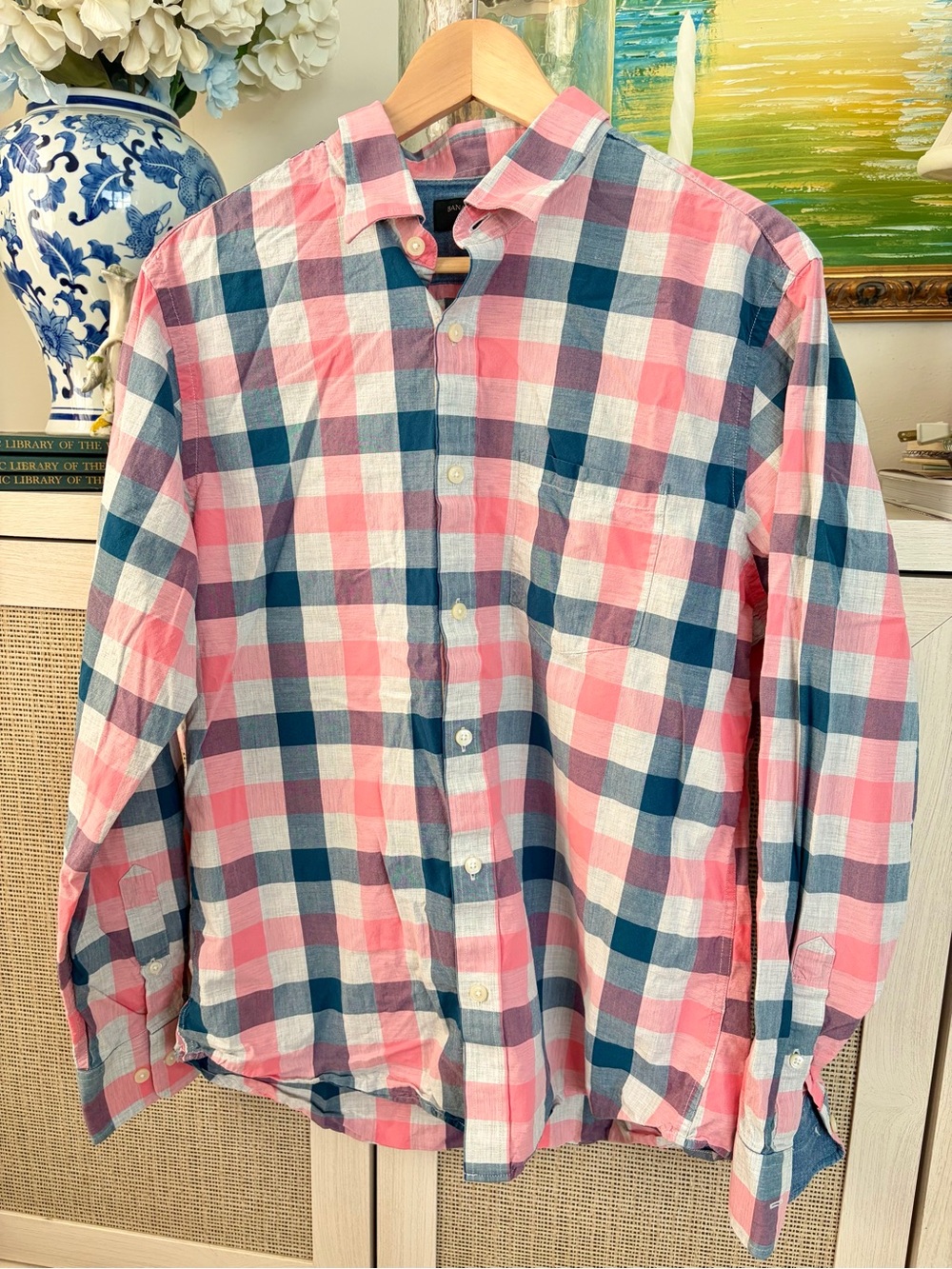 Banana Republic Coral and Navy Check Button-Down Shirt-00A - Picture 2 of 7